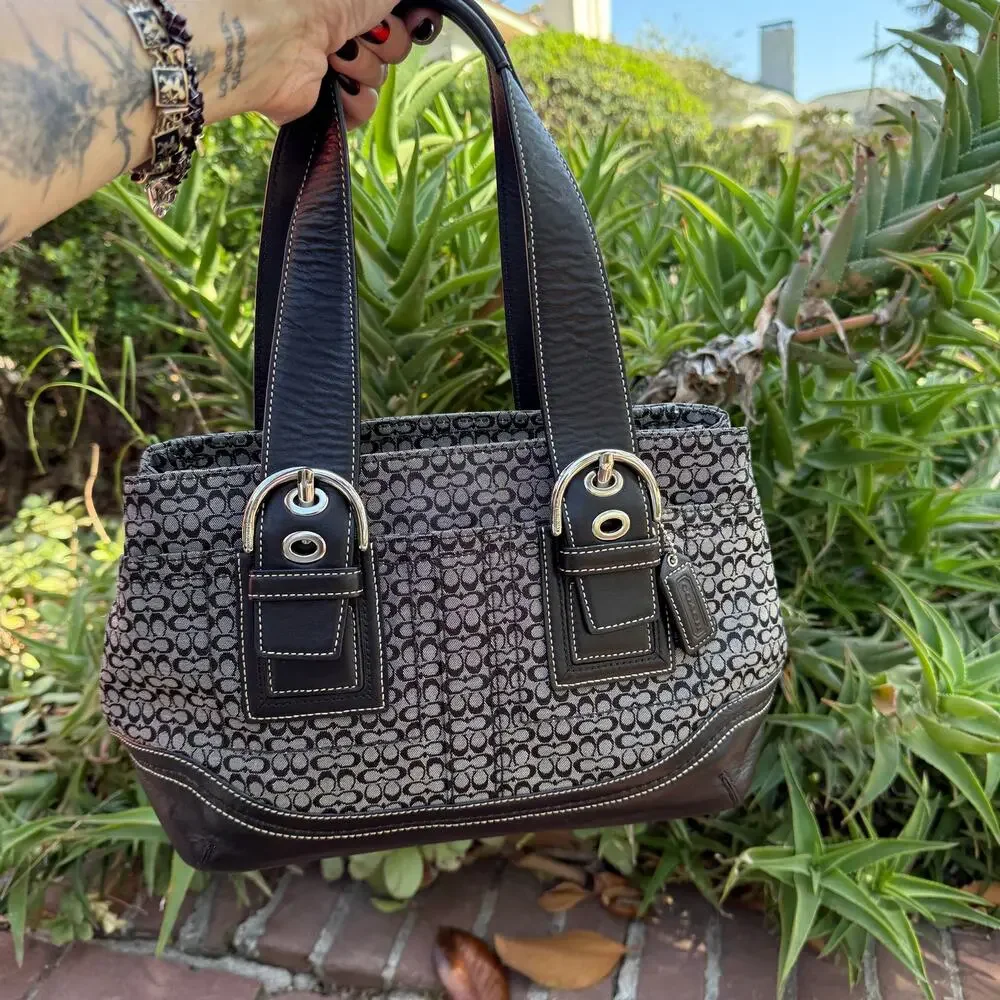 Coach Micro C Signature Jacquard Tote Bag Black Gray Leather Trim F19664